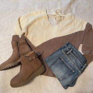 E&M Color Block Sweater Cable Knit Tie L NWOT